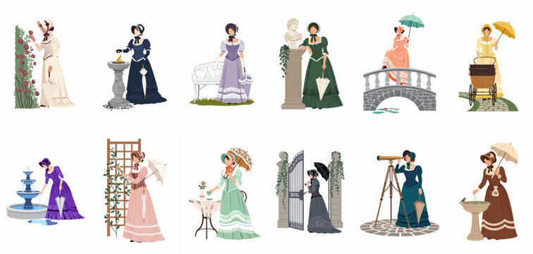 Set of flat vector illustrations depicting Victorian women in various elegant garden and leisure activities including tea time, strolling, and bird feeding.