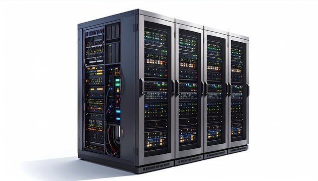 Rows of illuminated computer server racks, a technological hub