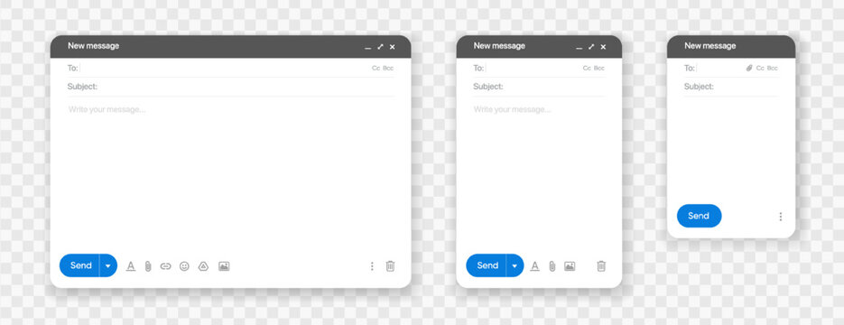 Message, mail template user interface. Blank window of email, template vector illustration. Email message window. Modern and flat style mail mockup screen. 