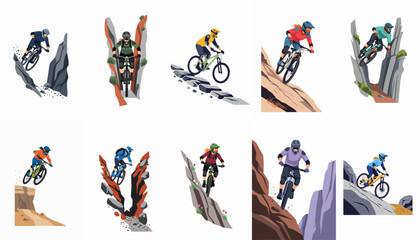 Set of vector illustrations depicting professional mountain bikers navigating challenging mountain terrains, steep drops, and narrow rocky paths in an extreme sports theme. © Haris