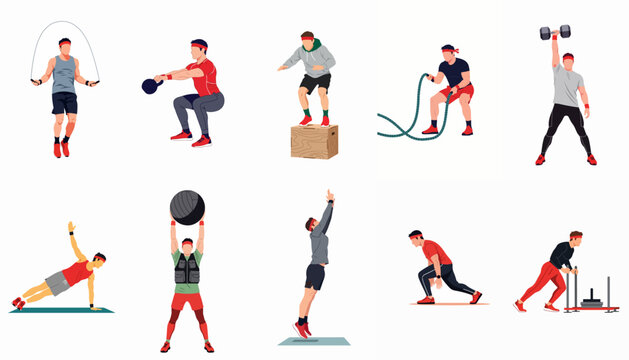 Collection of flat vector illustrations featuring men performing various fitness and cross-training exercises, from jumping rope to weightlifting and sled pushes.