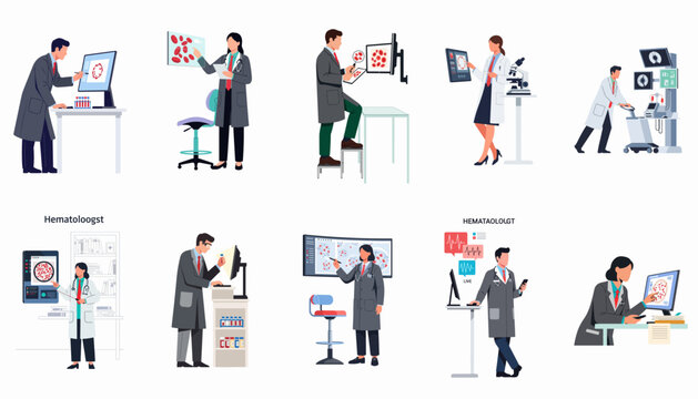 Flat illustration set of hematologists in a laboratory analyzing blood cells using advanced technology and medical equipment.
