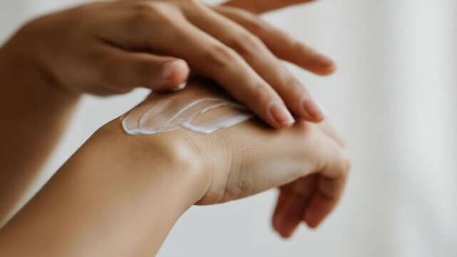 Hand applying white cream focused on the skins texture and moisturizer