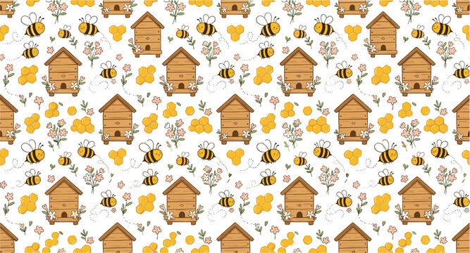 Cute Bee and Beehive Seamless Pattern with Honeycomb and Flowers for Spring, Nature, and Honey Product Background Designs