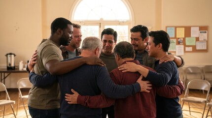 Obraz premium Diverse group of men standing in a circle hugging and crying together during an emotional support group meeting