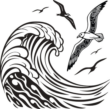 Ocean wave, seagulls flying, black and white vector, beach scene, nautical illustration