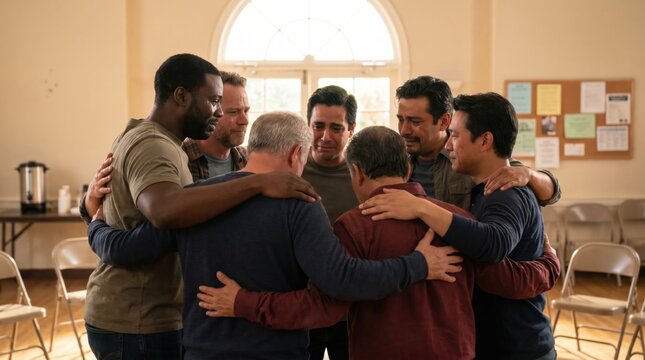 Diverse group of men standing in a circle hugging and crying together during an emotional support group meeting