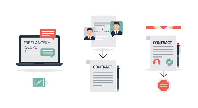 Freelance contract agreement process, online collaboration, business deal negotiation