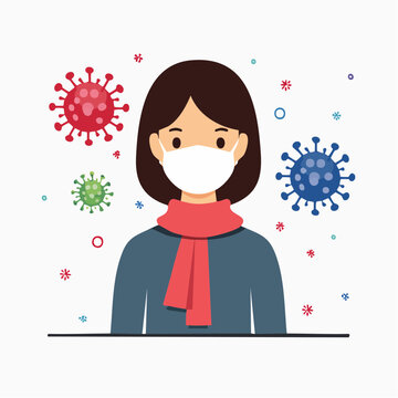 Person wearing a face mask surrounded by viruses