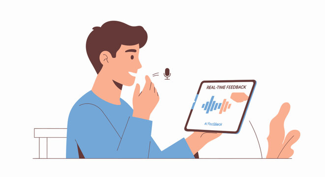 Man Using Voice Command on Tablet for Digital Assistant or AI Speech Recognition