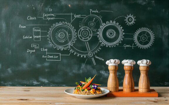 Chalkboard gears diagram behind a plated salad and wooden pepper