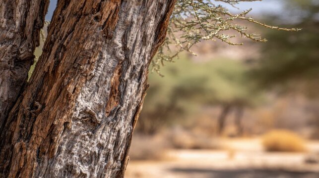 Detailed rough bark texture of an ancient Marula tree in its natural savanna habitat