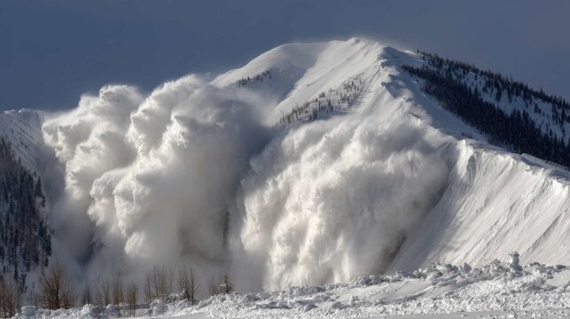 Massive Avalanche of White Snow Cascading Down a Steep Mountain Peak in Winter
