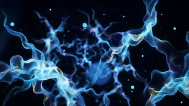Wide, establishing video captures an infinite digital cosmos with luminous, iridescent data streams in electric blues, purples, and gold, swirling through dark cybernetic space, enhanced by
