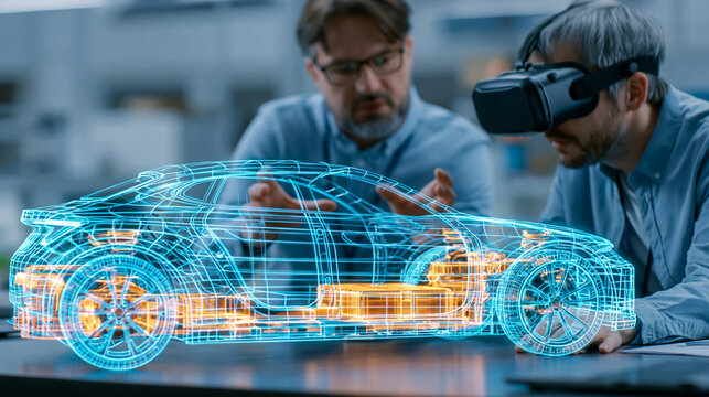 Automotive engineers using unbranded virtual reality headset to design glowing holographic electric car prototype in modern R&D laboratory

