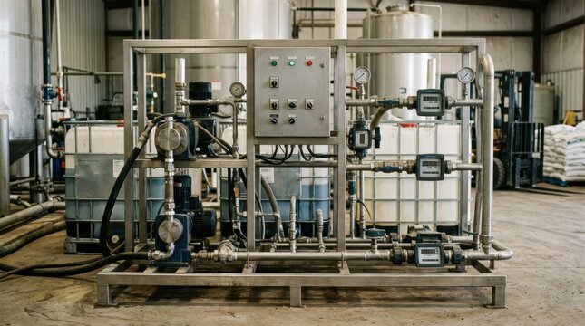 Detailed medium view of a batching skid setup with totalizers pumps and meters highlighting fertilizer dosing operations for efficient agricultural product formulation.