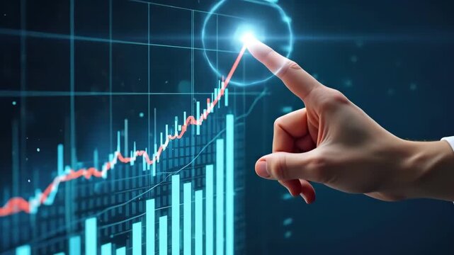 Hand pointing at a rising financial growth chart on a digital screen. Business success and investment concept
