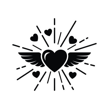 Black heart icon with angel wings and radiant light rays surrounded by small floating hearts isolated on white background for valentine love concept design vector illustration graphic symbol sign.