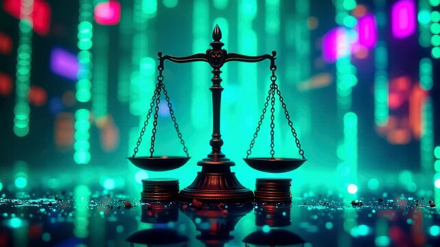 Classic brass balancing scale with coins on a reflective surface. Vibrant cyberpunk background with glowing neon green and pink lights. Digital economy and financial justice concept