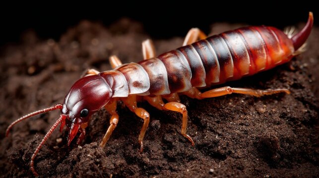 Detailed macro view of an earwig insect with prominent cerci resting on dark soil