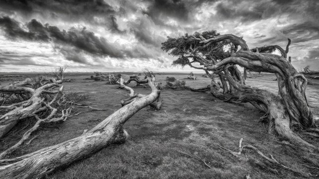 Gnarled ancient tree bent by hurricane-force winds under a dramatic stormy sky