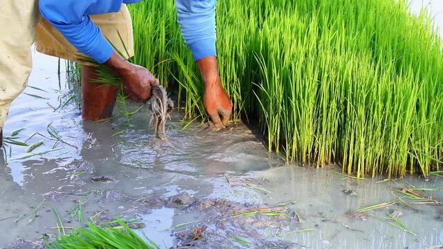 Footage Asian farmer pulling out young rice seedlings from the nursery bed. Traditional manual rice seedling uprooting process in Indonesia. Authentic agricultural labor in muddy paddy field landscape