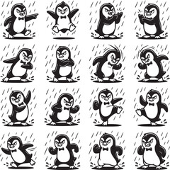 Fototapeta premium Angry penguin character set, 16 black and white cartoon bird icons in the rain, grumpy penguin mascot collection in various poses, eps vector