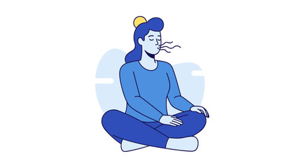 Obraz premium Woman meditating in lotus position exhaling stress and breathing deeply for relaxation and mindfulness