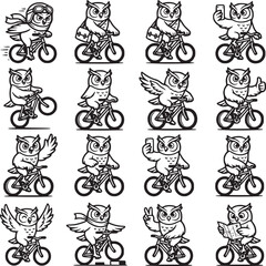 Obraz premium Cartoon owl bicycle icons set, black and white owl cyclist mascot collection, 16 vector owl characters riding bikes for delivery and sports branding