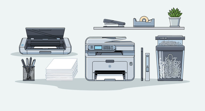 Office equipment including scanner printer shredder stapler tape dispenser pens and paper stack