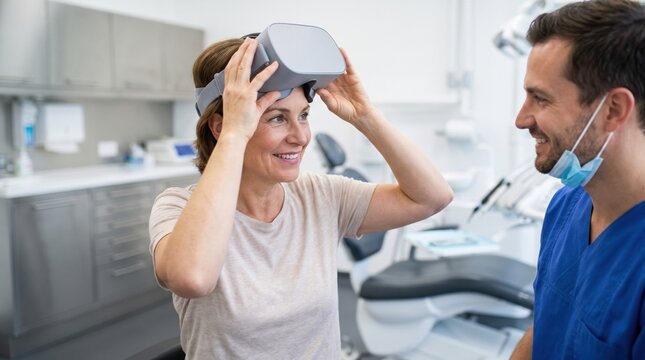 Smiling female patient putting on virtual reality headset in dental clinic with male dentist