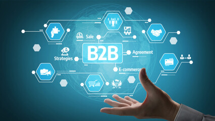Fototapeta na wymiar A hand reaches out toward a digital interface displaying B2B concepts such as sale, agreement, and strategy, showcasing modern business interactions and technology integration. Tessel