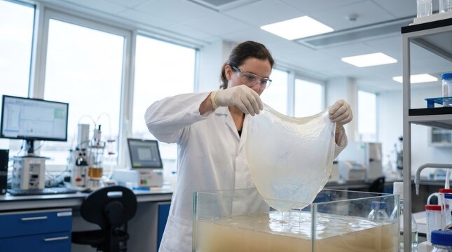 Female scientist in laboratory lifting a large translucent sheet of sustainable biomaterial from a liquid tank