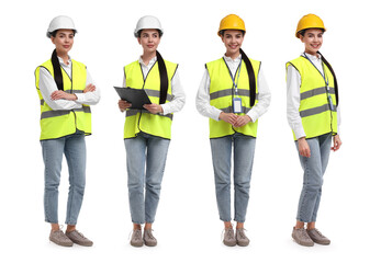 Obraz premium Engineer with vest and hard hat. Portraits of woman on white background, collection