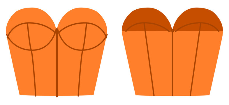 Orange strapless bustier top with structured panel construction creating fitted silhouette defined shaping lines clean minimal form. Technical fashion illustration in flat color, front back views