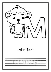 Cartoon monkey coloring page. Letter M worksheet. Kids education.