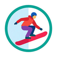Fototapeta premium Snowboarder performing a trick in a circular emblem, flat design, winter sports and active lifestyle