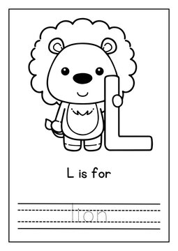 Cute Lion Alphabet Flashcard L Is For Lion. Tracing Letter Pages. Pre-K Learning