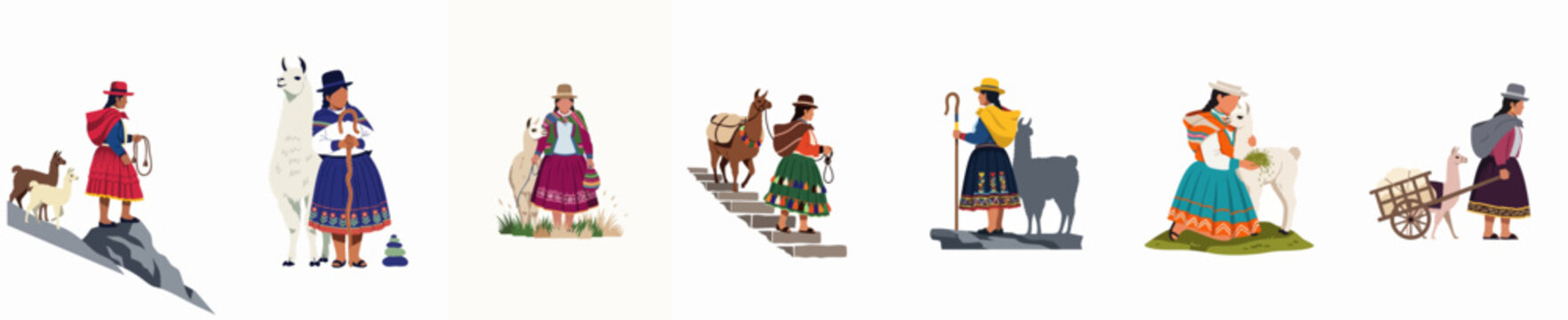 Set of flat vector illustrations featuring Andean women in colorful traditional clothing with llamas and alpacas across various mountain scenes.