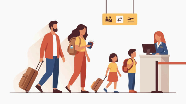Family with luggage queuing at airport check-in counter with passport and boarding pass in hand