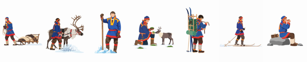 Collection of illustrations depicting Sami people in traditional clothing engaging in cultural activities like reindeer herding, skiing, and winter travel. © Yanto