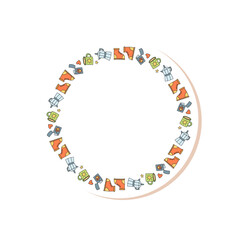 Naklejka premium Round sticker frame with doodle outdoor backpack, camp, and equipment in color. Mountain and hiking adventure theme, travel element for colorful summer or trip style accent.