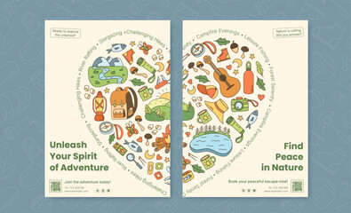 Naklejka premium Camping adventure doodle poster in color style. Vertical summer camp with tent, guitar and lake as backpack collection. Forest hiking theme, colorful camp art, ideal for poster or outdoor summer