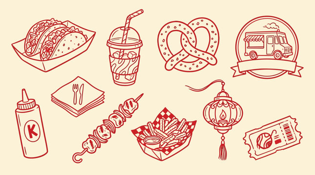 Collection of hand-drawn food icons including tacos, drinks, pretzels, and a food truck.