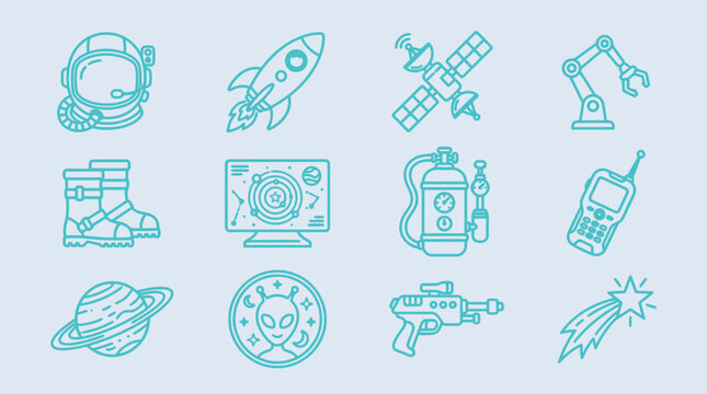 Collection of space and science fiction icons including astronaut helmet, rocket, satellite, robot arm, boots, computer, oxygen tank, phone, planet, alien, ray gun, and comet.