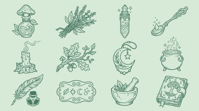 Collection of mystical and magical elements including potions, herbs, a cauldron, and a spellbook.