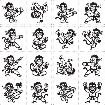 Monkey doodle illustrations in dynamic poses line art sketch style black and white
