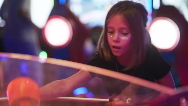 Young girl playing air hockey at arcade game center surrounded by glowing neon lights and colorful background, enjoying interactive competition and fun indoors