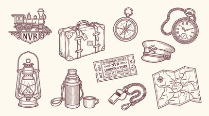 Vintage travel and adventure collection with train, luggage, compass, map, and accessories. © KN collection