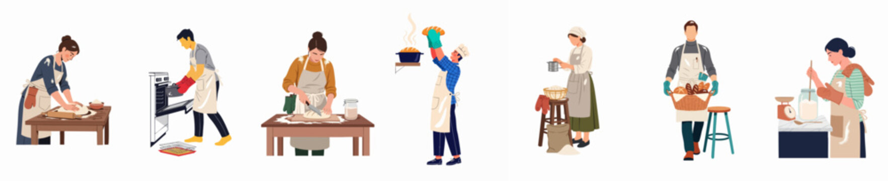 Set of various people baking homemade bread, kneading dough, and showcasing freshly baked loaves in a flat illustration style.